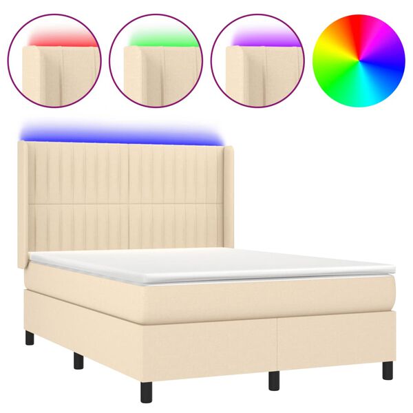 vidaXL Cama box spring colch&oacute;n y luces LED tela crema 140x200 cm