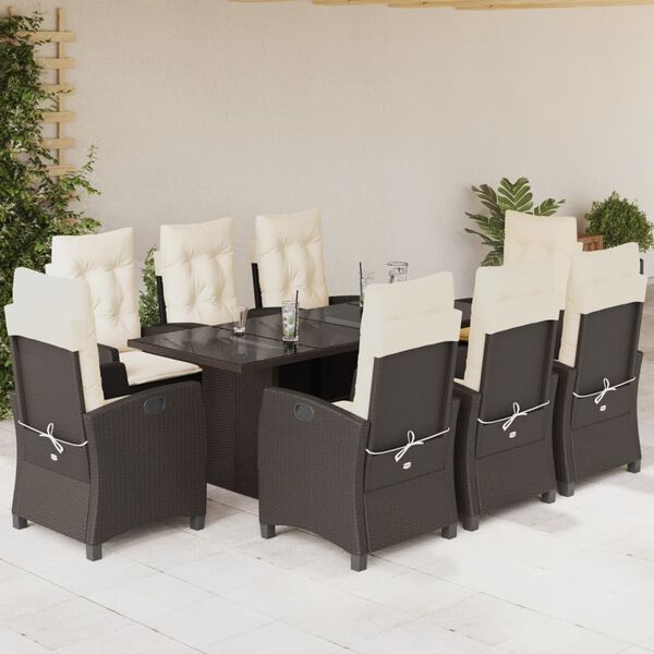vidaXL Set comedor para jard&iacute;n 9 pzas y cojines rat&aacute;n sint&eacute;tico marr&oacute;n