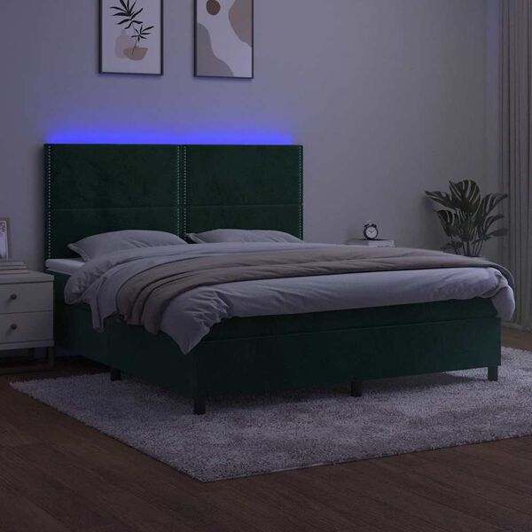 vidaXL Cama box spring colch&oacute;n y LED terciopelo verde oscuro 180x200cm