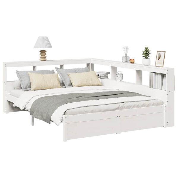 vidaXL Cama con estanter&iacute;a sin colch&oacute;n madera maciza blanca 140x200 cm