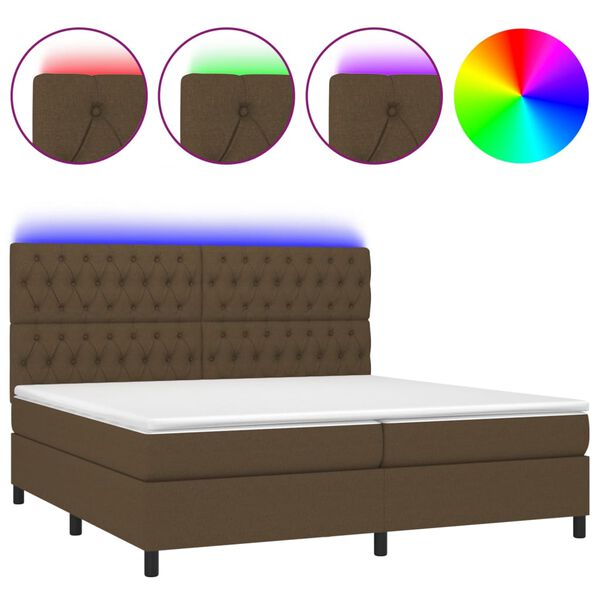 vidaXL Cama box spring colch&oacute;n luces LED tela marr&oacute;n oscuro 200x200 cm