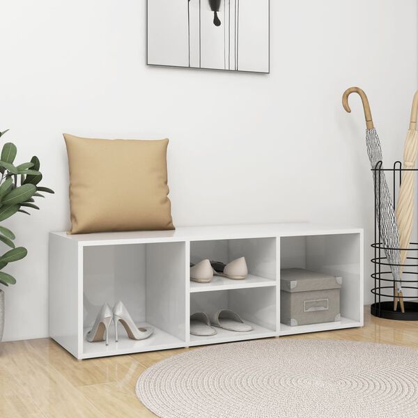 vidaXL Banco zapatero madera contrachapada blanco brillo 105x35x35 cm