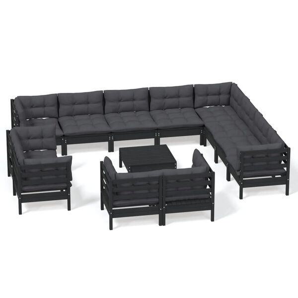 vidaXL Muebles de jard&iacute;n 13 pzas con cojines negro madera maciza pino