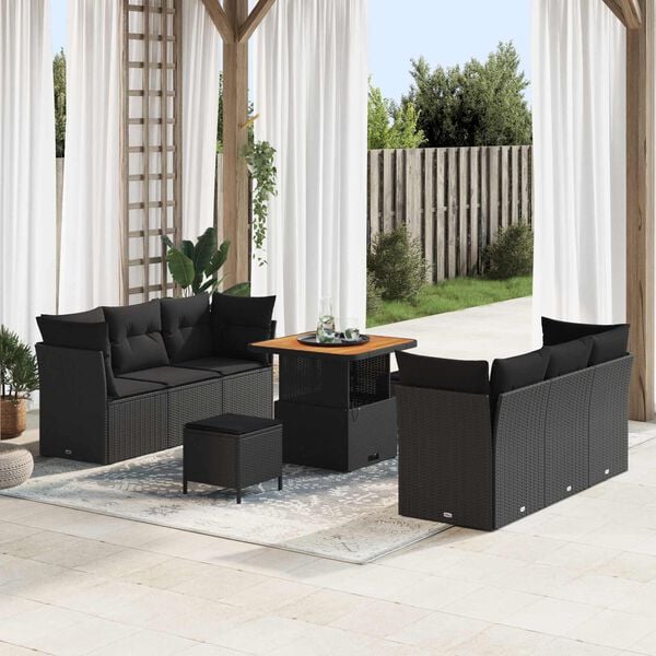 vidaXL Conjunto de sof&aacute; de jard&iacute;n 9 pcs Negro rat&aacute;n sint&eacute;tico