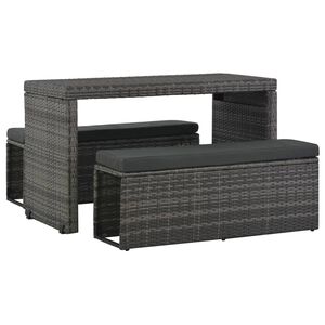 vidaXL Set de comedor de jard&iacute;n 3 pzs y cojines rat&aacute;n sint&eacute;tico gris
