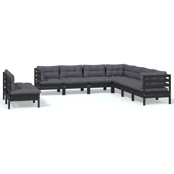 vidaXL Muebles de jard&iacute;n 9 pzas y cojines negro madera maciza de pino
