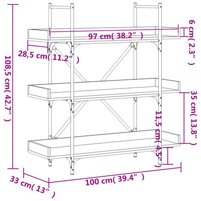 vidaXL Librería de 3 estantes madera gris Sonoma 100x33x108,5 cm