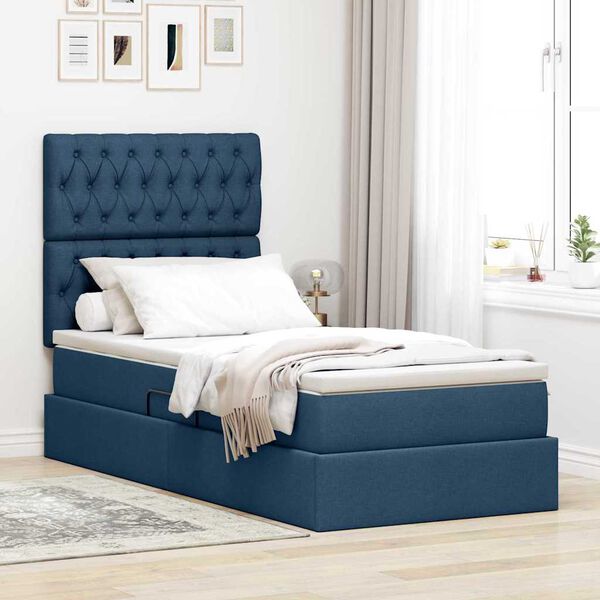 vidaXL Cama con almacenamiento y LED Azul 90 x 190 cm Poli&eacute;ster