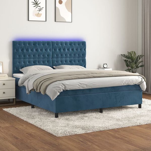 vidaXL Cama box spring colch&oacute;n y LED terciopelo azul oscuro 180x200 cm