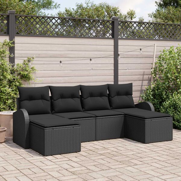 vidaXL Conjunto de sof&aacute; de jard&iacute;n 6 pcs Negro Rattan de Poli&eacute;ster