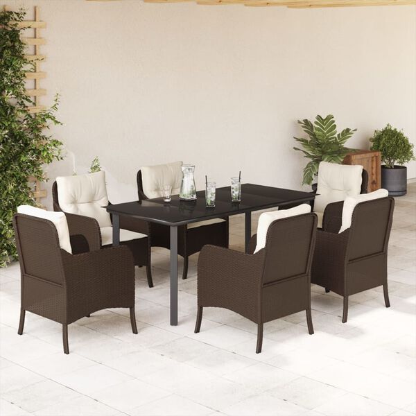 vidaXL Set comedor de jard&iacute;n 7 pzas con cojines rat&aacute;n sint&eacute;tico marr&oacute;n