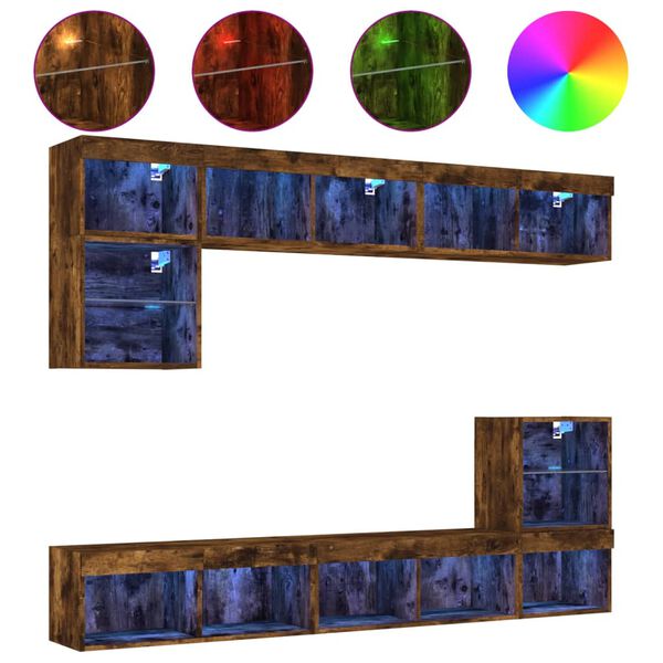 vidaXL Muebles TV pared con LED 8 pzas madera ingenier&iacute;a roble ahumado