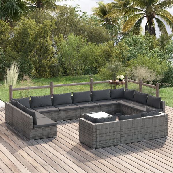 vidaXL Set de muebles de jard&iacute;n 14 pzas y cojines rat&aacute;n sint&eacute;tico gris