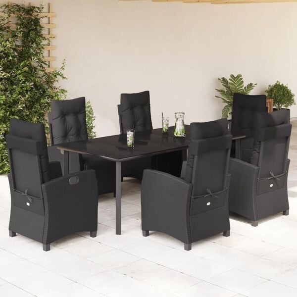 vidaXL Set de comedor de jard&iacute;n 7 pzas y cojines rat&aacute;n sint&eacute;tico negro