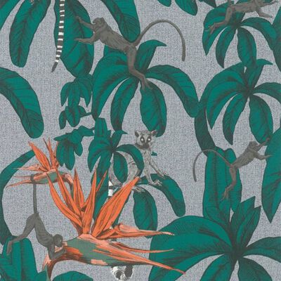 Topchic Papel de pared Monkey Jungle Leaves verde y gris