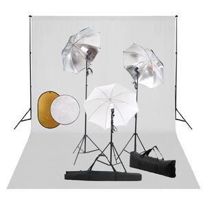 vidaXL Kit estudio fotogr&aacute;fico l&aacute;mparas, sombrillas, fondo y reflector