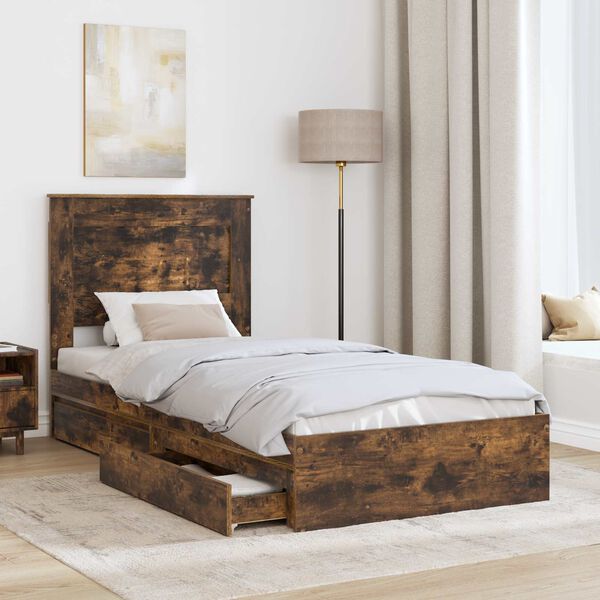 vidaXL Cama con almacenamiento con cabecera Roble ahumado 90 x 190 cm