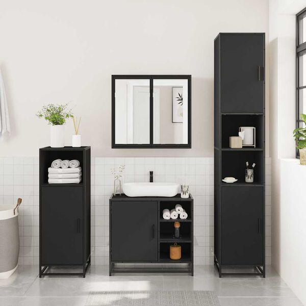 vidaXL Juego de muebles de ba&ntilde;o 3 pzas madera contrachapada negro