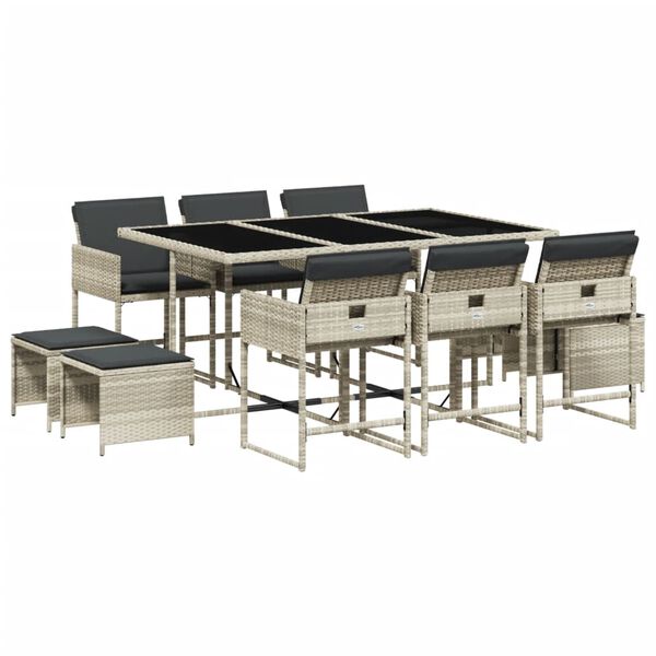 vidaXL Set de comedor de jard&iacute;n 11 pzas y cojines rat&aacute;n sint&eacute;tico gris