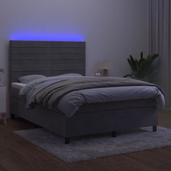 vidaXL Cama box spring colch&oacute;n y LED terciopelo gris claro 140x200 cm
