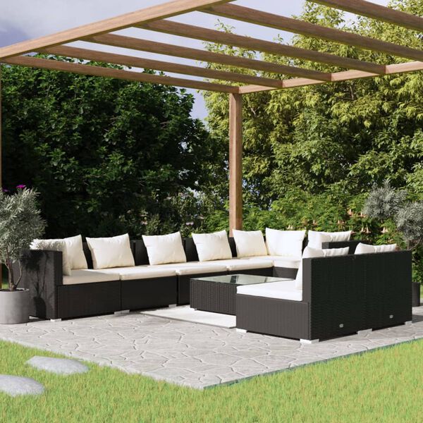vidaXL Set de muebles de jard&iacute;n 9 pzas y cojines rat&aacute;n sint&eacute;tico negro