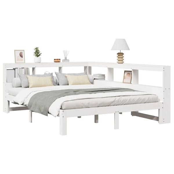 vidaXL Cama con estanter&iacute;a sin colch&oacute;n madera maciza blanca 150x200 cm