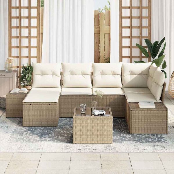 vidaXL Conjunto de sofá de jardín 7 pcs Beige y Crema ratán sintético