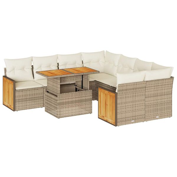 vidaXL Set sof&aacute;s jard&iacute;n y cojines 9 pzas rat&aacute;n sint&eacute;tico acacia beige