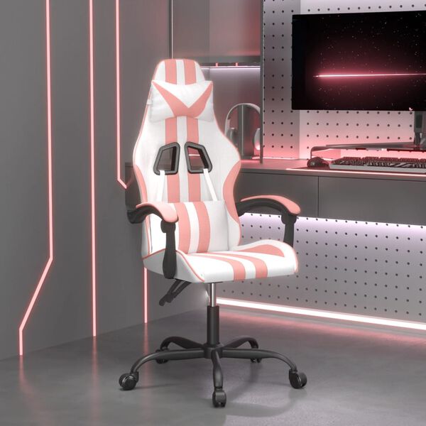 vidaXL Silla gaming cuero sintético blanco y rosa
