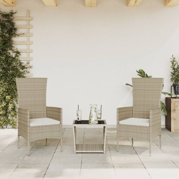 vidaXL Set comedor de jard&iacute;n 3 pzas con cojines rat&aacute;n sint&eacute;tico beige