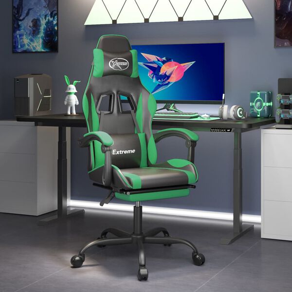vidaXL Silla gaming giratoria y reposapiés cuero sintético negro verde