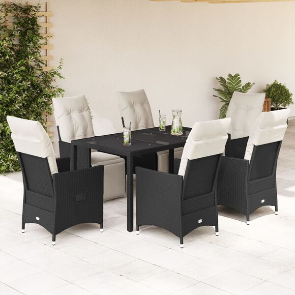 vidaXL Set de comedor de jard&iacute;n 7 pzas y cojines rat&aacute;n sint&eacute;tico negro