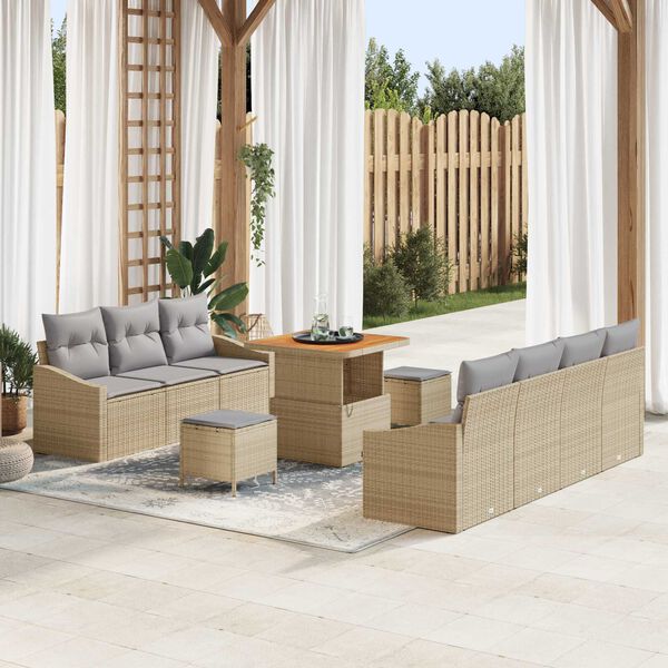 vidaXL Conjunto de sof&aacute;s de jard&iacute;n 10 pcs Beige rat&aacute;n sint&eacute;tico