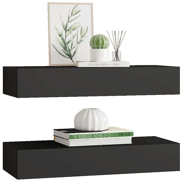vidaXL Estantes de pared con caj&oacute;n 2 uds MDF negro 60x23,5x10 cm