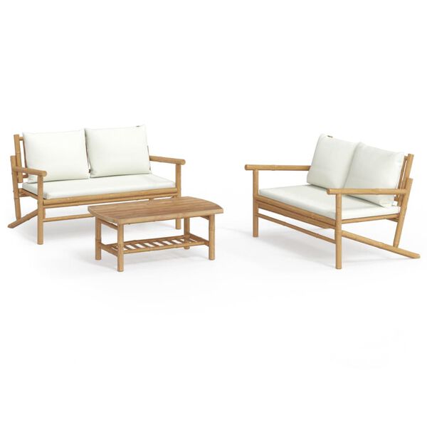 vidaXL Set de muebles de jard&iacute;n 3 piezas bamb&uacute; y cojines blanco crema