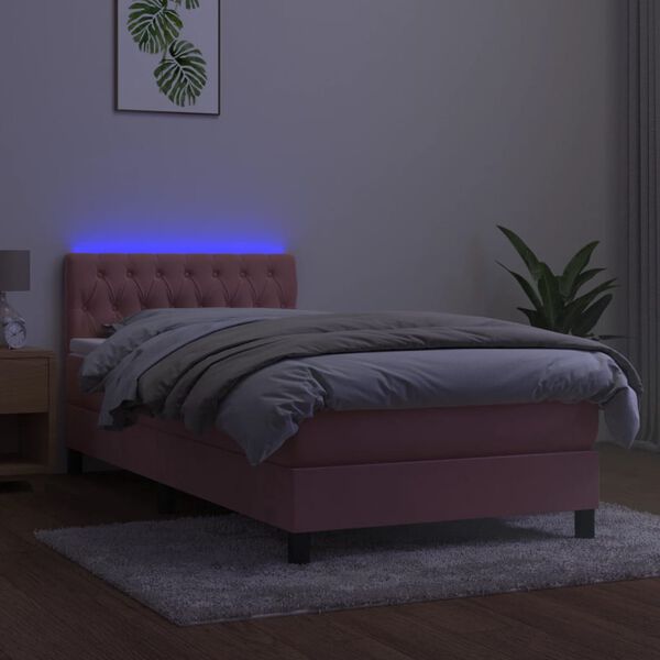 vidaXL Cama box spring colch&oacute;n y LED terciopelo rosa 90x190 cm