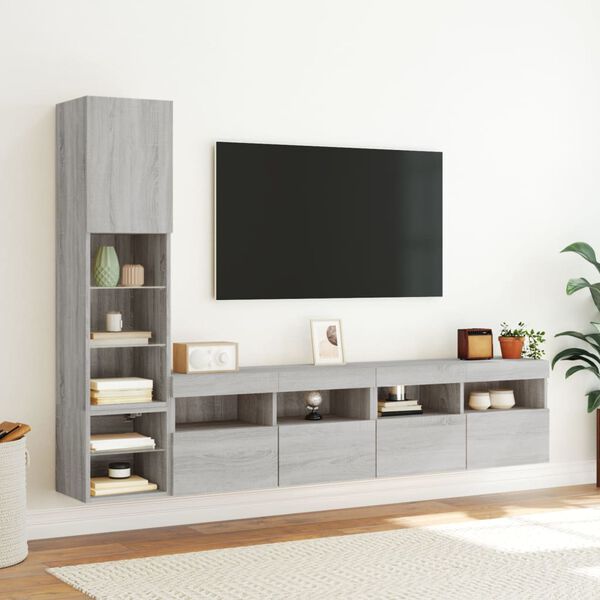vidaXL Muebles TV pared con LED 4 pzas madera ingenier&iacute;a gris Sonoma