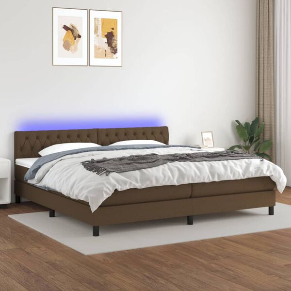 vidaXL Cama box spring colch&oacute;n luces LED tela marr&oacute;n oscuro 200x200 cm