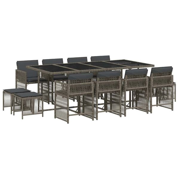vidaXL Set comedor de jard&iacute;n con cojines 13 pzas rat&aacute;n sint&eacute;tico gris
