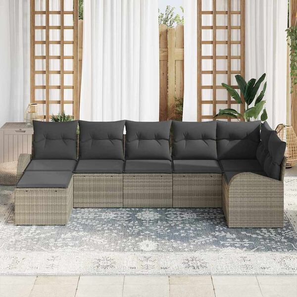 vidaXL Conjunto de sof&aacute; de jard&iacute;n 7 pcs Gris Claro Rattan de Poli&eacute;ster
