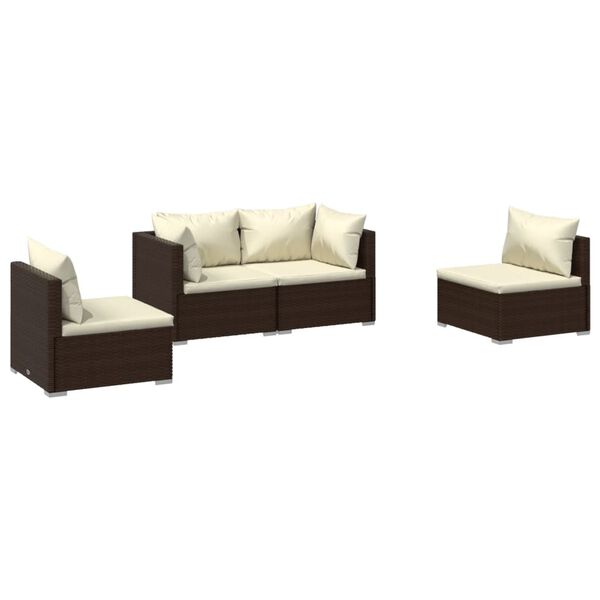 vidaXL Set muebles de jard&iacute;n 4 piezas y cojines rat&aacute;n sint&eacute;tico marr&oacute;n