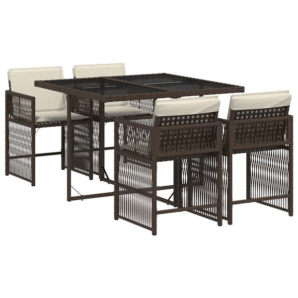 vidaXL Set comedor de jard&iacute;n 5 piezas y cojines rat&aacute;n sint&eacute;tico marr&oacute;n