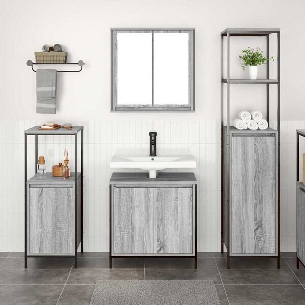 vidaXL Juego de muebles de ba&ntilde;o con estante 3 pcs Sonoma Gris y Negro