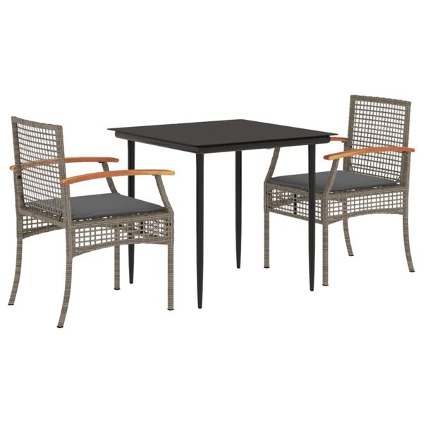 vidaXL Set comedor de jard&iacute;n 3 piezas con cojines rat&aacute;n sint&eacute;tico gris