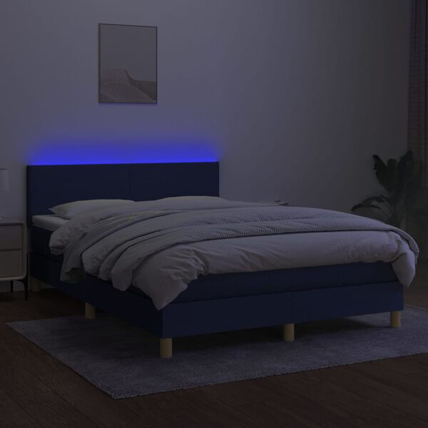 vidaXL Cama box spring colch&oacute;n y luces LED tela azul 140x190 cm