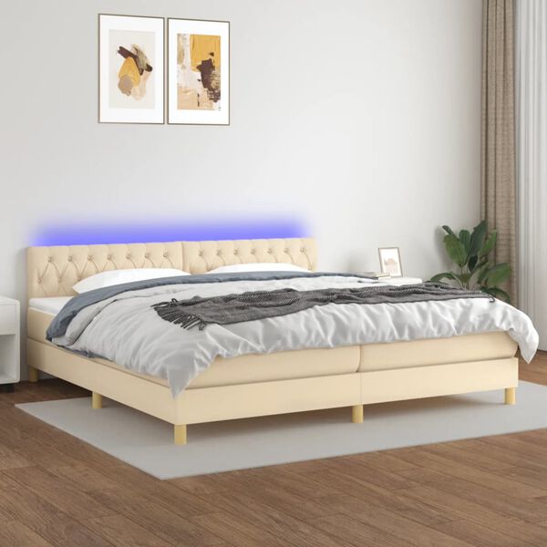 vidaXL Cama box spring con colch&oacute;n y LED tela crema 200x200 cm