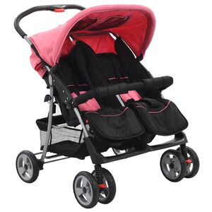 vidaXL Silla de paseo para gemelos de acero rosa y negro