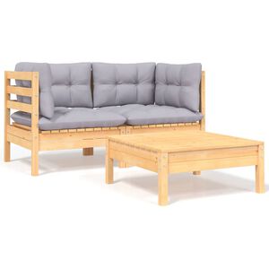 vidaXL Juego muebles de jard&iacute;n 3 pzas cojines gris madera pino maciza
