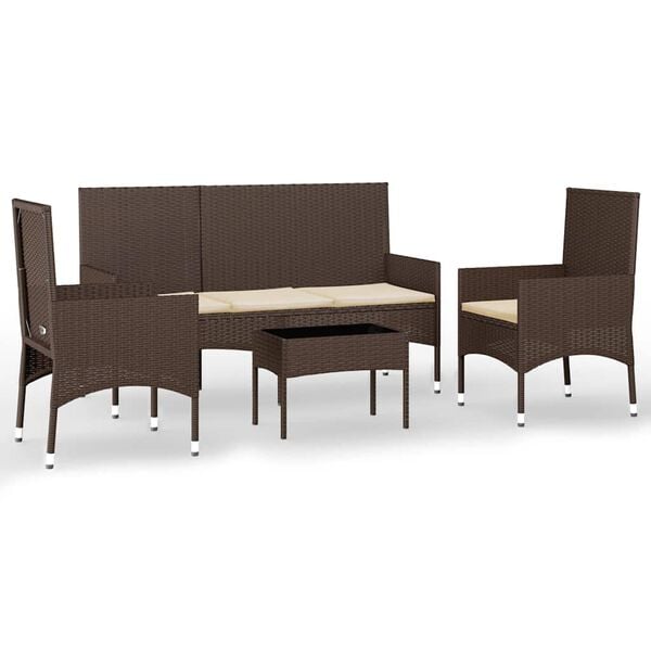 vidaXL Set muebles de jard&iacute;n 4 piezas y cojines rat&aacute;n sint&eacute;tico marr&oacute;n