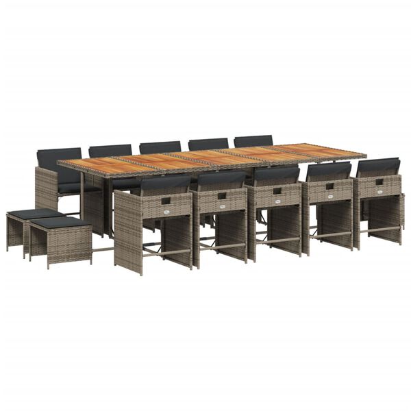vidaXL Set comedor de jard&iacute;n con cojines 15 pzas rat&aacute;n sint&eacute;tico gris